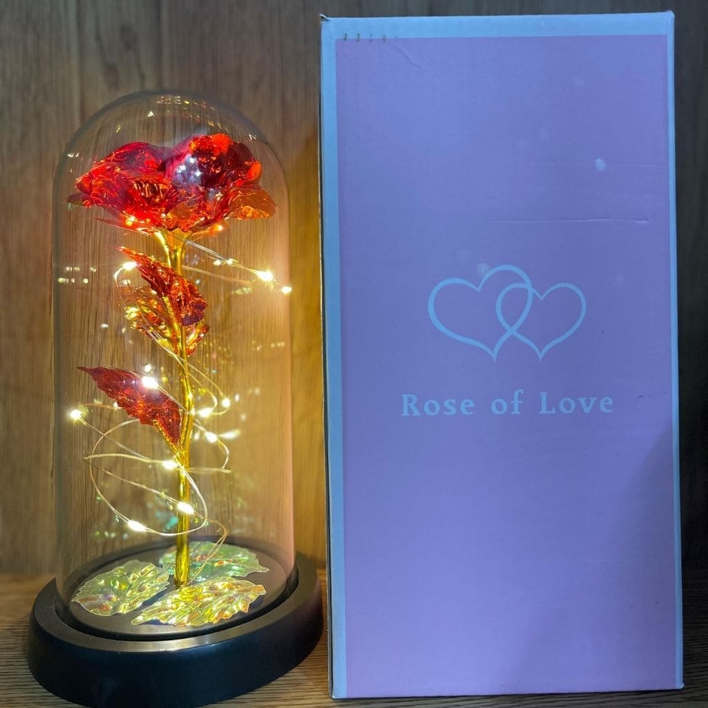 Rosa eterna con luz en cúpula de cristal
