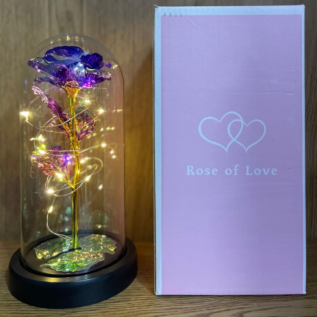 Rosa eterna con luz en cúpula de cristal
